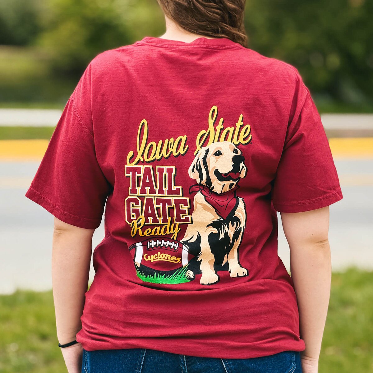 Comfort Wash Cyclones Script Cardinal Tailgate Ready Short Sleeve T-Shirt back design close up